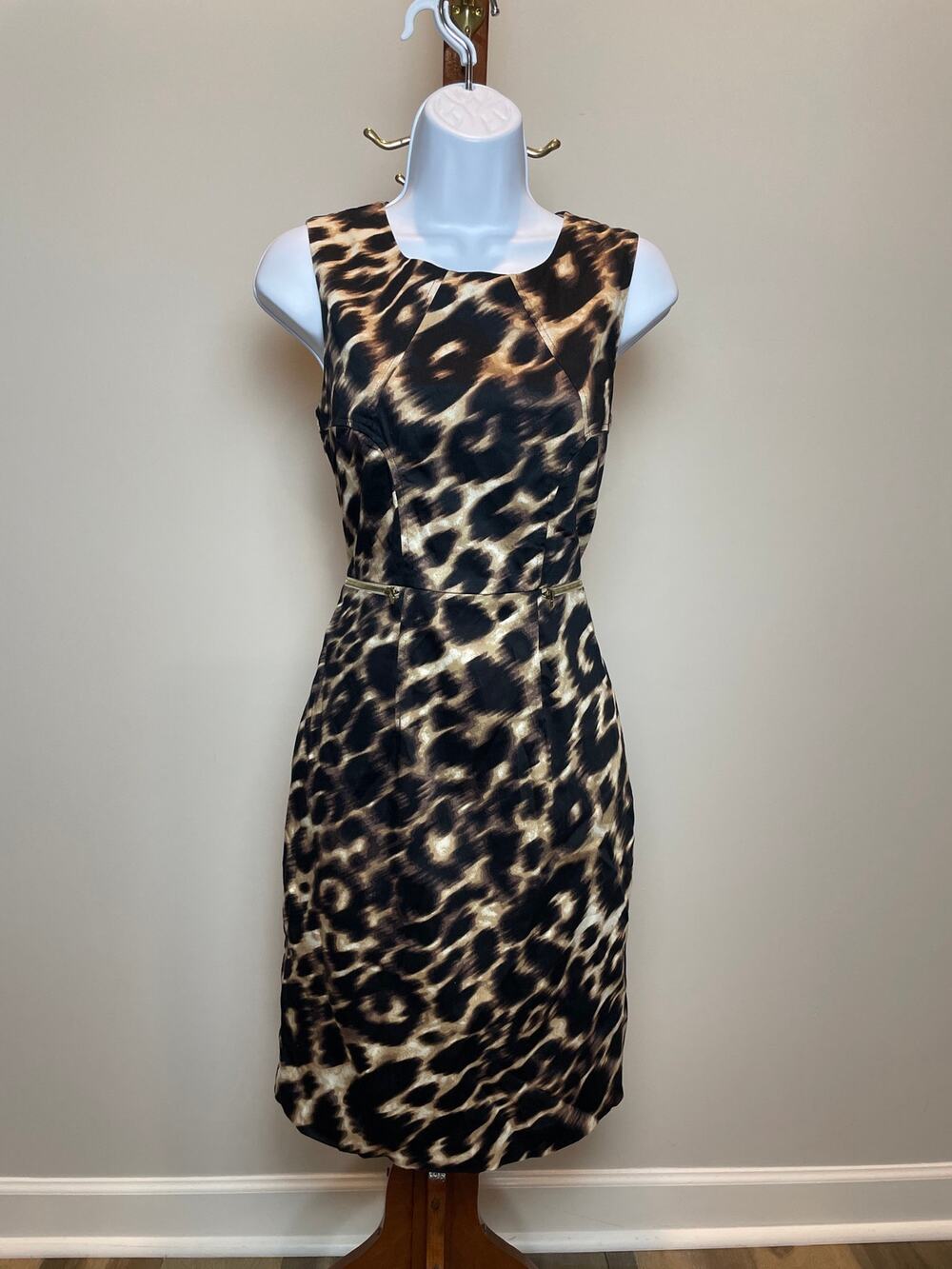 Calvin Klein Dress Size 4 Brown Tan Animal Print Sleeveless Sheath Gold Zip